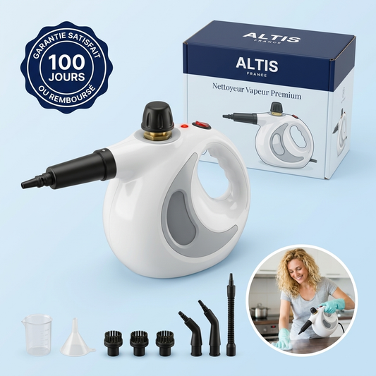 AltisPro Cleaner - Hero composition fond bleu (badge + boîte + accessoires)